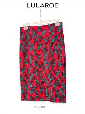LuLaRoe Cassie Red Pencil Skirt with Teal & Black Feather Print